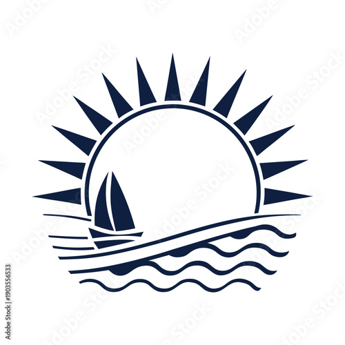 Blue and white of a sailboat on wavy water with a rising sun