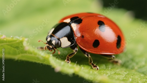 Macro photography of Harmonia axyridis: A macro lens captures in high definition the natural moment when a Harmonia axyridis with a red-and-white-spotted shell perches on a tender green leaf. The deli
