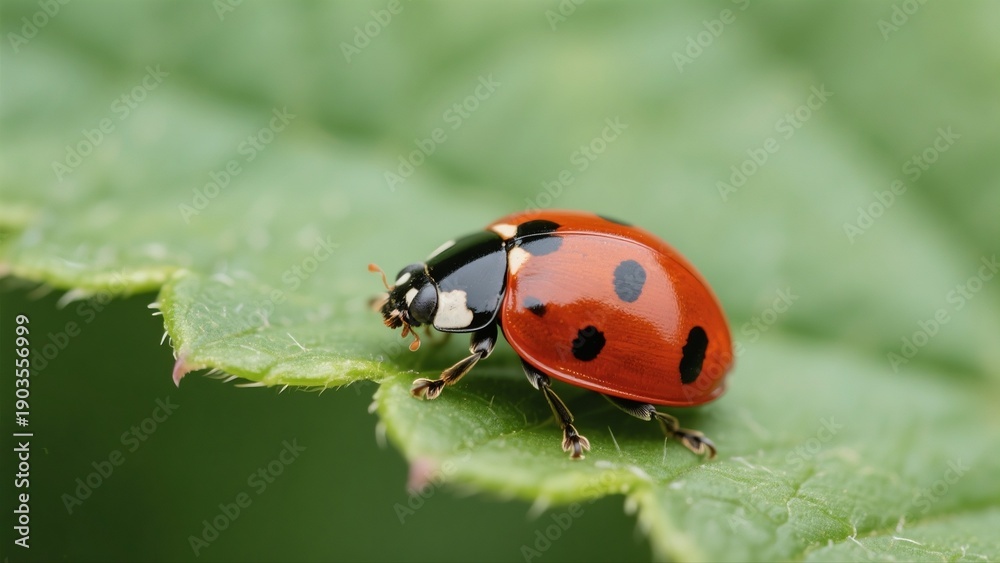 Fototapeta premium Macro photography of Harmonia axyridis: A macro lens captures in high definition the natural moment when a Harmonia axyridis with a red-and-white-spotted shell perches on a tender green leaf. The deli
