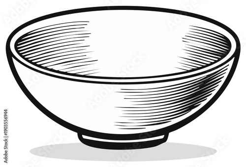 Illustration of a simple bowl, hand drawn style, with fine detailed crosshatching, and a minimalist design