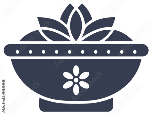 Elegant Bowl Silhouette with Floral Decor and Lotus Style Elements for Graphic Design