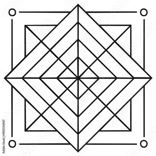 Geometric abstract mandala pattern with concentric diamond shapes and squares in a stylized design.