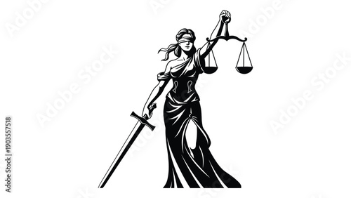 A black and white illustration of the goddess of justice holding scales and a sword Vector
