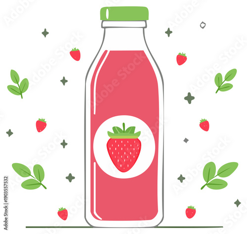 Illustration of a strawberry drink in a bottle with strawberries and leaves decorations.