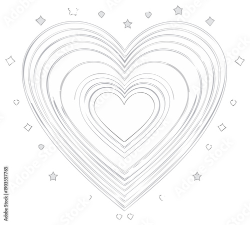 Abstract nested hearts with stars, diamonds, and circles isolated on white background, Valentine's day decoration
