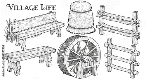 Hand Drawn 'VILLAGE LIFE' Elements Set Isolated. Wooden Bench, Hay Bale, Water Wheel, Fence isolated PNG with Transparent Background