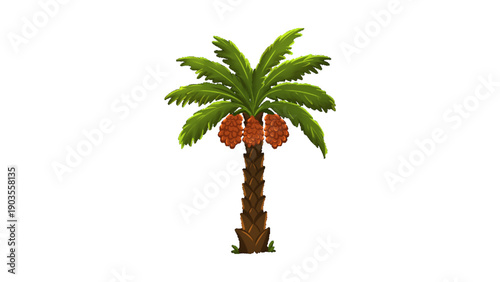 Date Palm Tree with Ripened Fruits Isolated on White