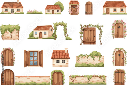 Rustic fantasy village doors windows and houses vector set with ivy stone walls and fairytale style