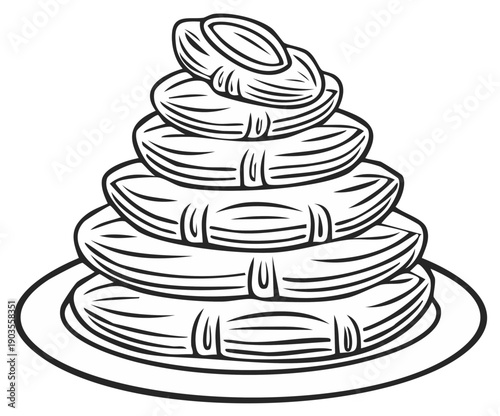 Tower of Pancakes Stacked on a Plate Illustration, Breakfast Staple, Sweet Treats, Pastries, Line Art, Black and White