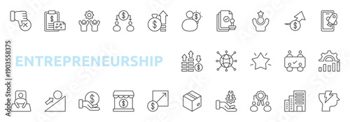 Entrepreneurship icon set outline style with legislation, success, sales, startup, failure, business plan, team building, crowd funding, capital, founder icons