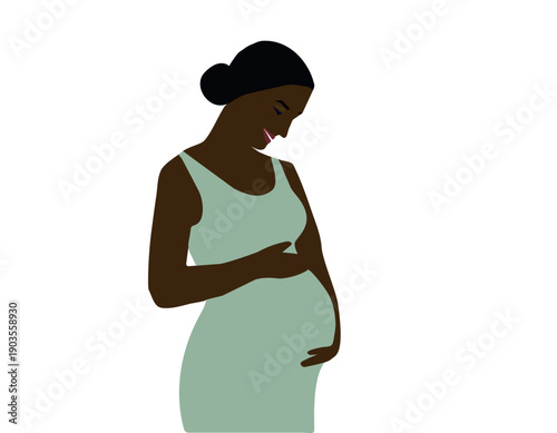 Minimalist flat vector illustration of a pregnant African woman in a sage green dress. Modern maternity and pregnancy concept representing motherhood, female body positivity and prenatal care.