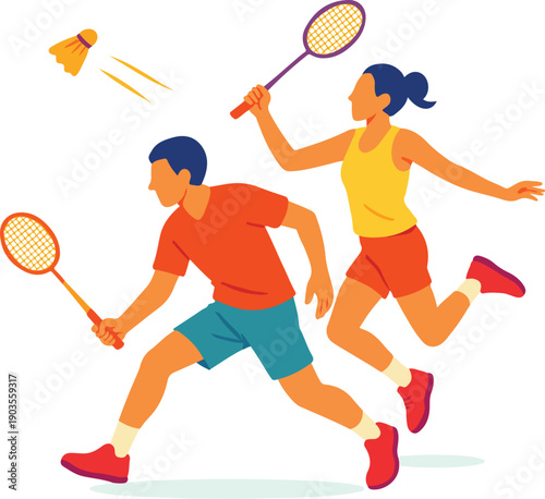 Badminton players in action with rackets and shuttlecock