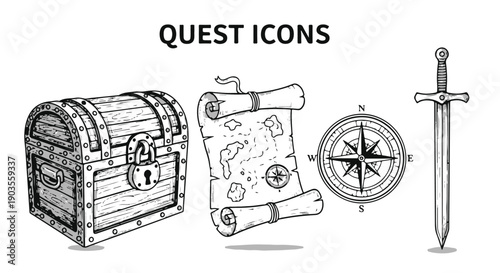 Hand Drawn 'Quest Icons' Vector Set: Treasure Chest, Scroll Map, Compass, and Sword isolated PNG with Transparent Background