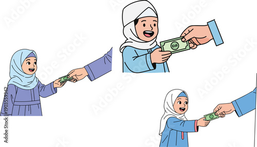 Happy Muslim girls receiving small amounts of money from an adult hand in three different giving scenarios on transparent background