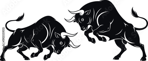 Powerful bull silhouette illustration set showing charging and aggressive poses in bold black style, strength and dominance symbols for finance, sports branding and vector design projects