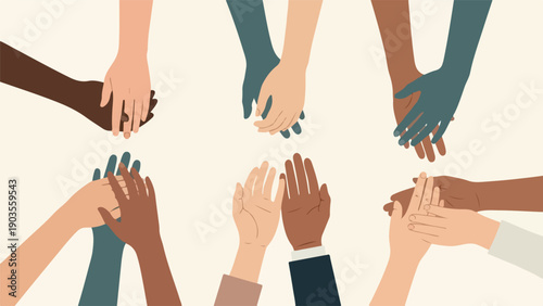 A group of hands, stylized and in different skin tones, interact