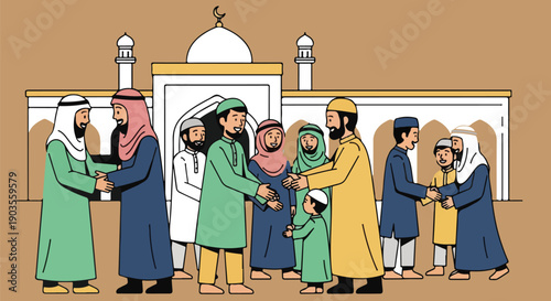 Diverse group of Muslim men women and children greeting each other warmly after Eid prayers near a beautiful mosque on transparent background