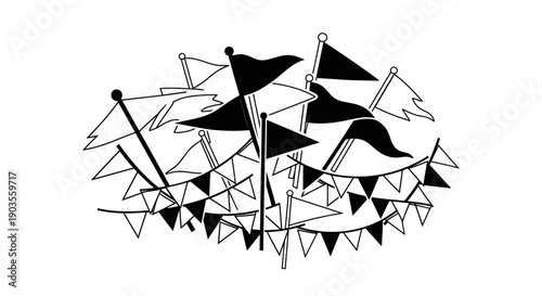 The image depicts a cluster of various flags and triangular pennants, some solid black and others outlined, creating a festive or celebratory visual.