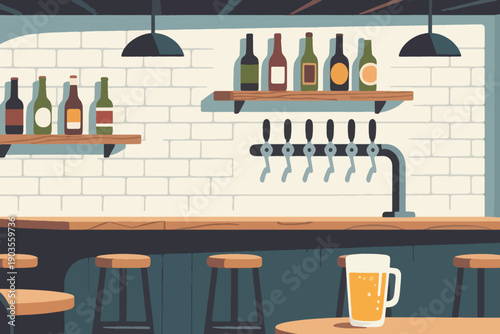 Modern bar interior with wooden counter, beer taps, shelves of bottles, and cozy atmosphere for hospitality and beverage service.