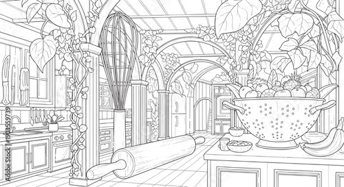 Giant Kitchen with Oversized Utensils and Lush Vines Interior Coloring Page