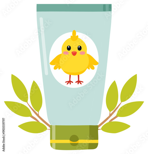 Cute yellow chick on gentle baby cream tube with natural green leaves illustration