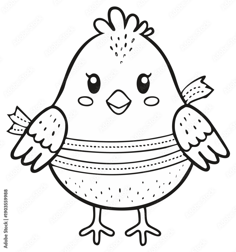 Obraz premium Cute Cartoon Chicken Illustration for Coloring Books with Polka Dots and Striped Sweater Decorating Easter Eggs