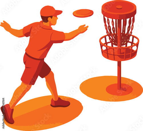 Disc golf player throwing a frisbee at a basket sport