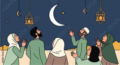 Group of diverse Muslim people looking up toward the crescent moon and stars observing the beginning of a holy observance on transparent background