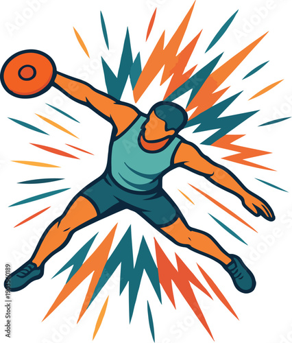 Discus thrower in mid-air with colorful abstract background