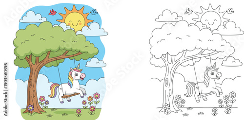 Cute cartoon unicorn swinging on a tree in a sunny garden landscape with flowers and sun, set of colorful and black and white line art vector illustration for kids coloring page