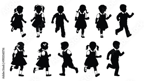 A diverse group of children silhouettes engaged in various activities and poses Vector