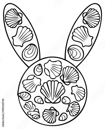 Line art rabbit head decorated with various seashells inside ears and face