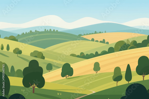 Countryside landscape with rolling green and yellow hills, scattered trees, winding path, and snow capped mountains under clear blue sky.