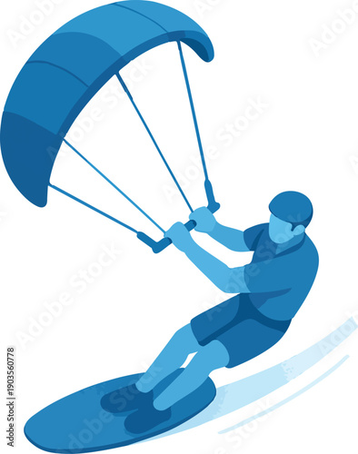 Kite surfer riding a board with a blue kite surfing
