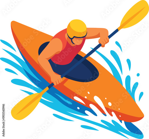 Kayaker paddling through blue water splashes kayaking