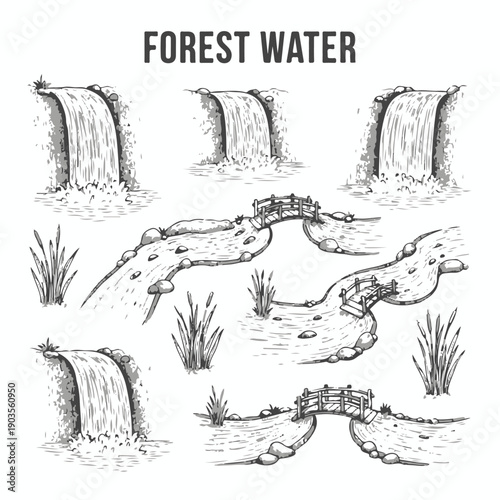 Hand Drawn Vector Sketch Set of Forest Water Elements with Waterfalls, Rivers, Bridges, and Reeds isolated PNG with Transparent Background