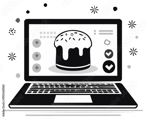 Online Easter cake ordering on laptop screen, celebration design element in black and white