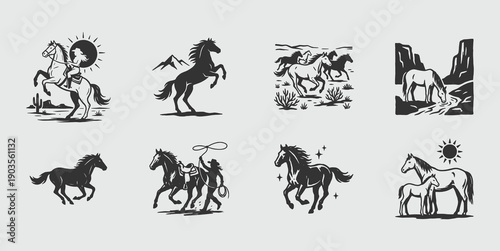 Western Horse Vector Logo Set. Vintage Wild West Badges and Silhouettes Collection featuring Rodeo Cowgirl and Mustang Animals.