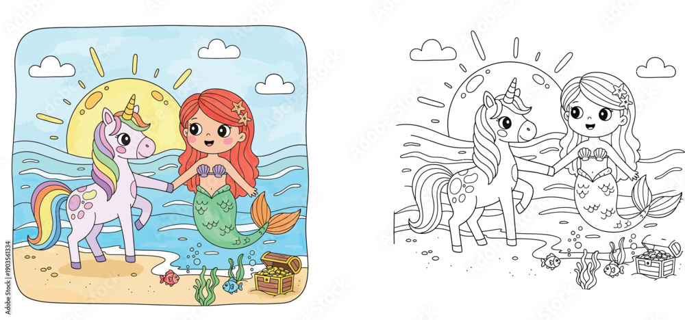 Fototapeta premium Cute Unicorn and Mermaid Holding Hands on the Beach Set with Colorful Illustration and Black and White Line Art Coloring Page for Kids Activity Book Fantasy Mythical Characters Vector