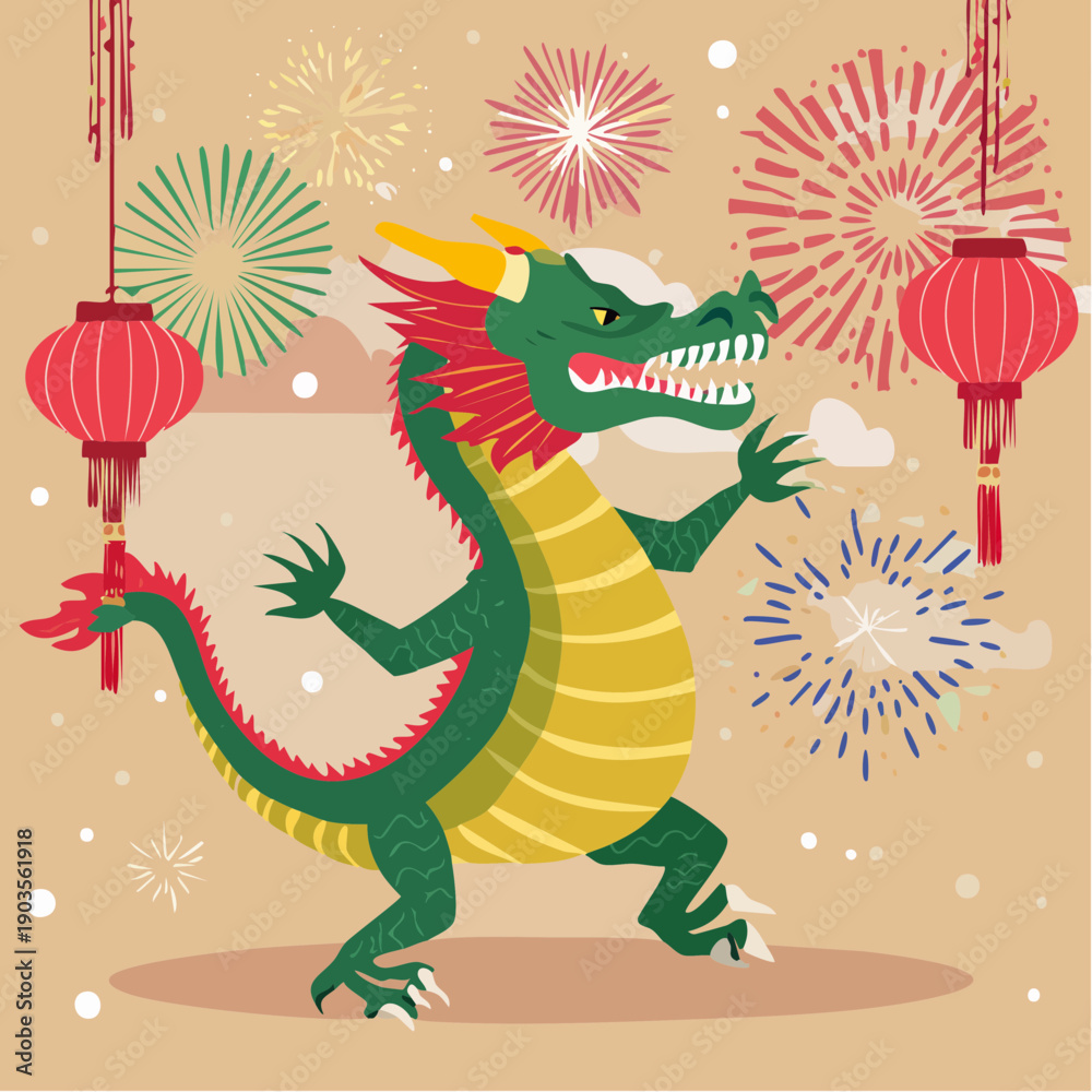 Obraz premium Chinese New Year Dragon Illustration with Fireworks and Lanterns