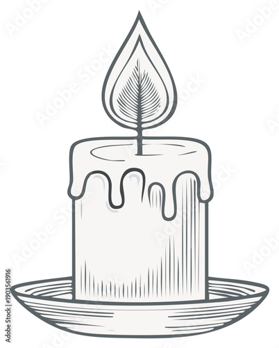 Engraved illustration of a burning candle on a plate