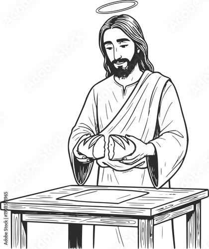 hand drawn illustration of jesus christ breaking bread at a wooden table with no white fills and black line art style symbol