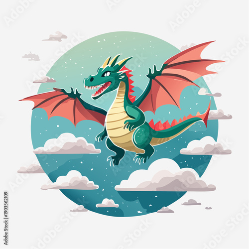 Flying Dragon Illustration in Blue Sky with Clouds
