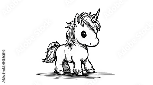 Adorable Hand Drawn Sketch of a Cute Fluffy Unicorn with a Horn, Mythical Fantasy Creature Illustration, Black and White Artwork