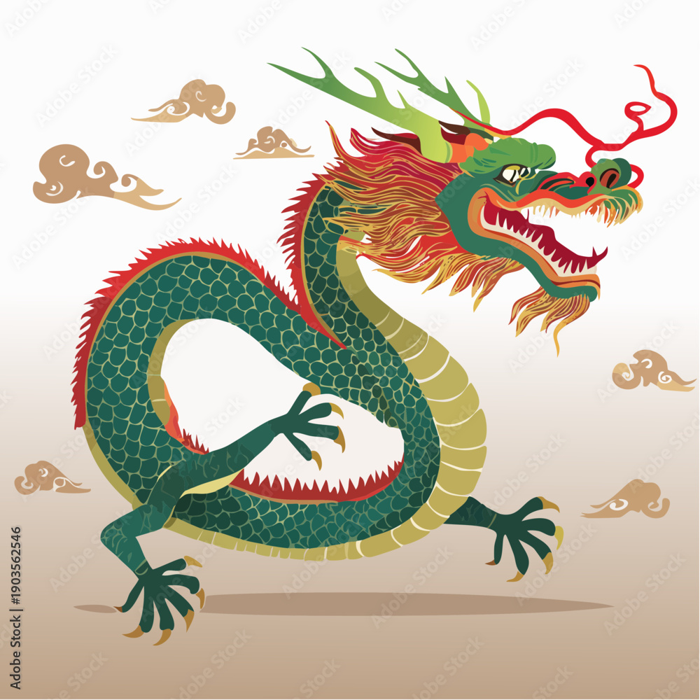 Fototapeta premium Vibrant Flat Vector Illustration of a Chinese Dragon with Clouds