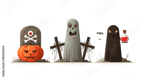 Spooky Halloween character set: cute ghost, grinning jack-o'-lantern, and creepy tombstones with bats and potion, isolated on white.