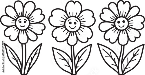 Three smiling flowers with different facial expressions and petals.