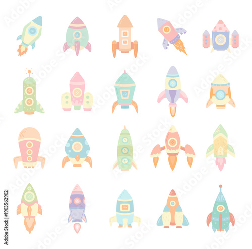Cosmic rocket set in scandinavian style showing playful space launch vehicles with boosters and engines perfect for your illustration and creative designs projects