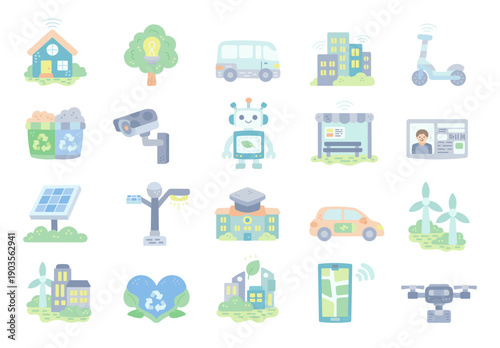 City technology set in scandinavian style smart urban infrastructure transport energy buildings mobility recycling robotics solar wind housing education