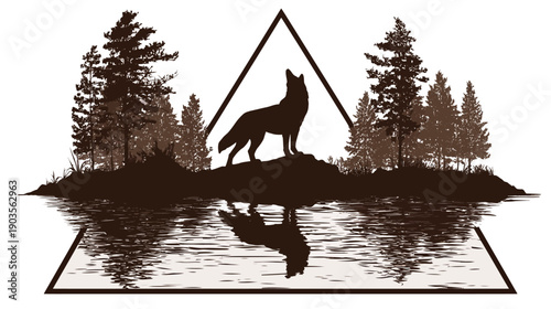 Mystical howling wolf silhouette in a forest landscape with water reflection, framed by a geometric triangle. Wilderness illustration.